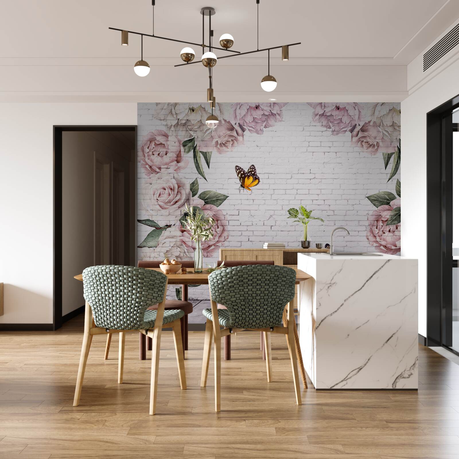 Fotobehang pioenen in roze en vlinders