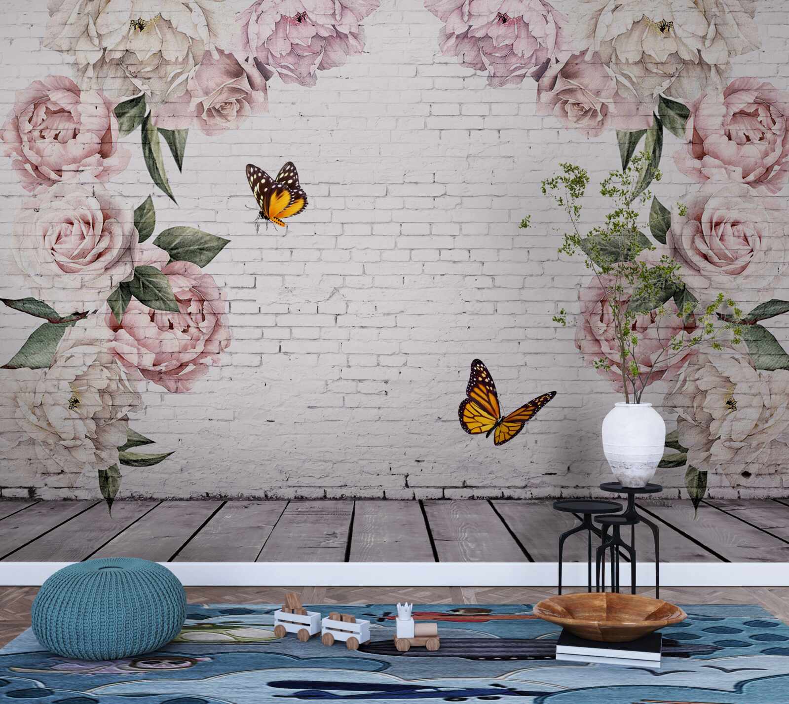 Fotobehang pioenen in roze en vlinders