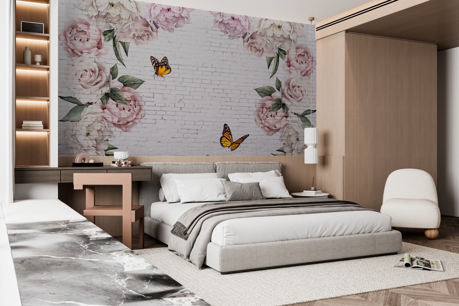 Fotobehang pioenen in roze en vlinders