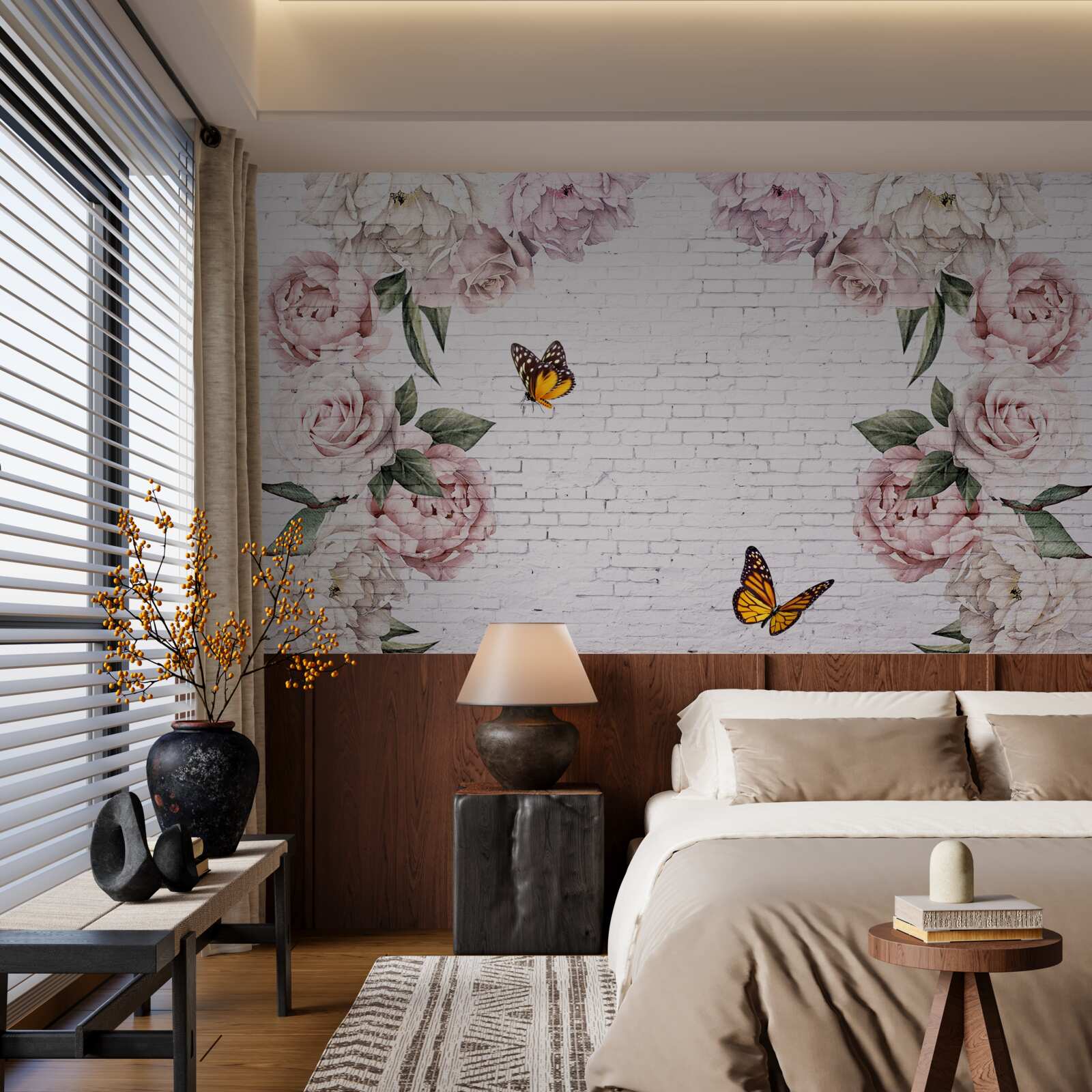 Fotobehang pioenen in roze en vlinders