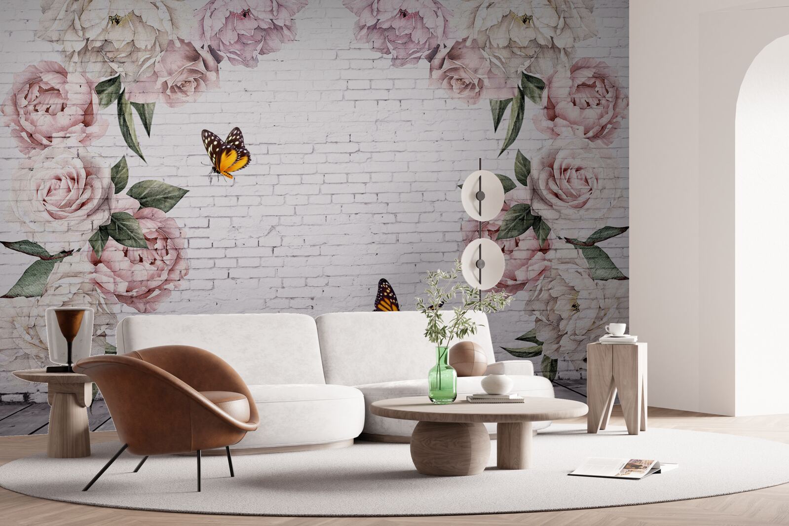 Fotobehang pioenen in roze en vlinders