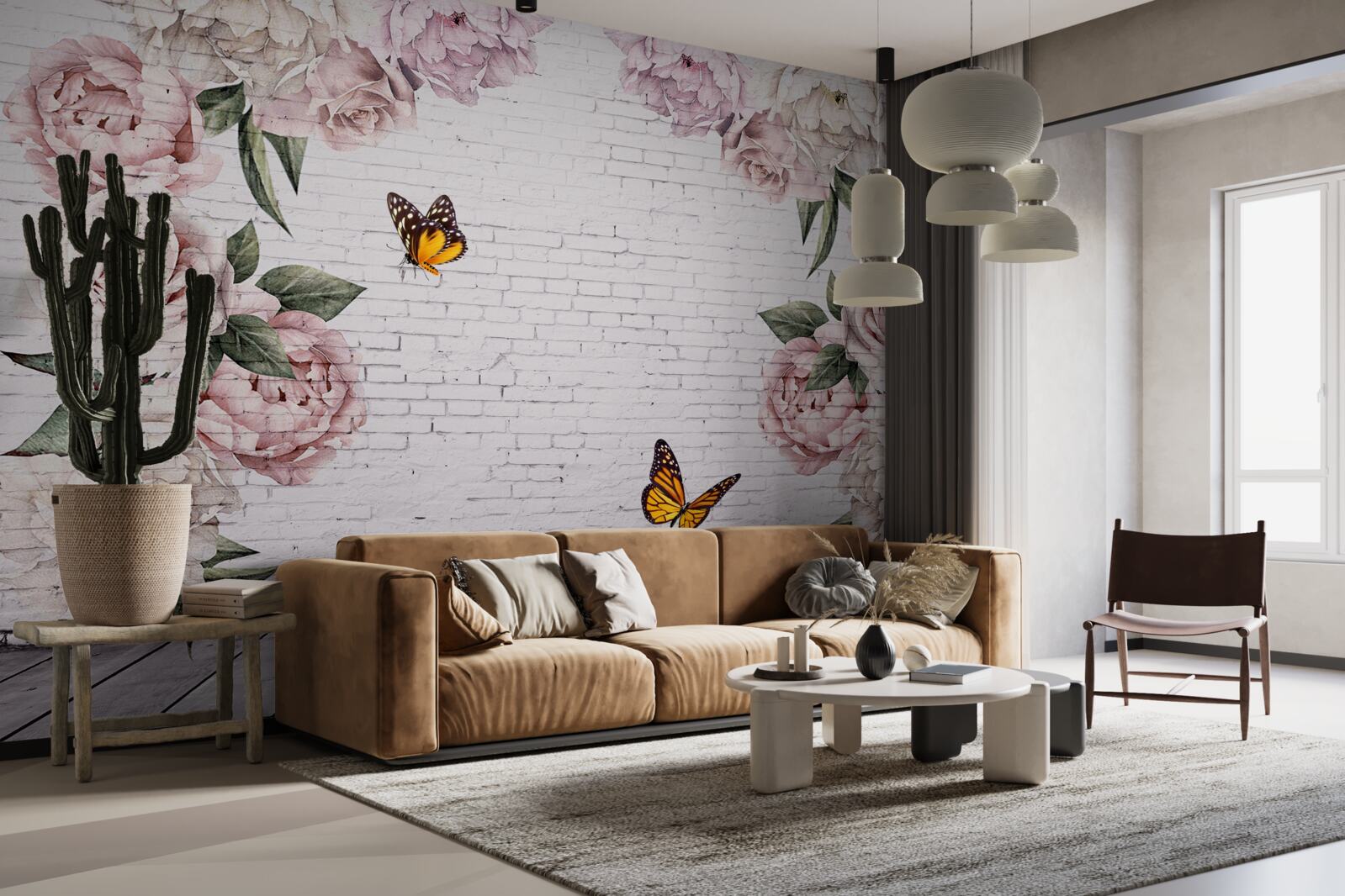 Fotobehang pioenen in roze en vlinders