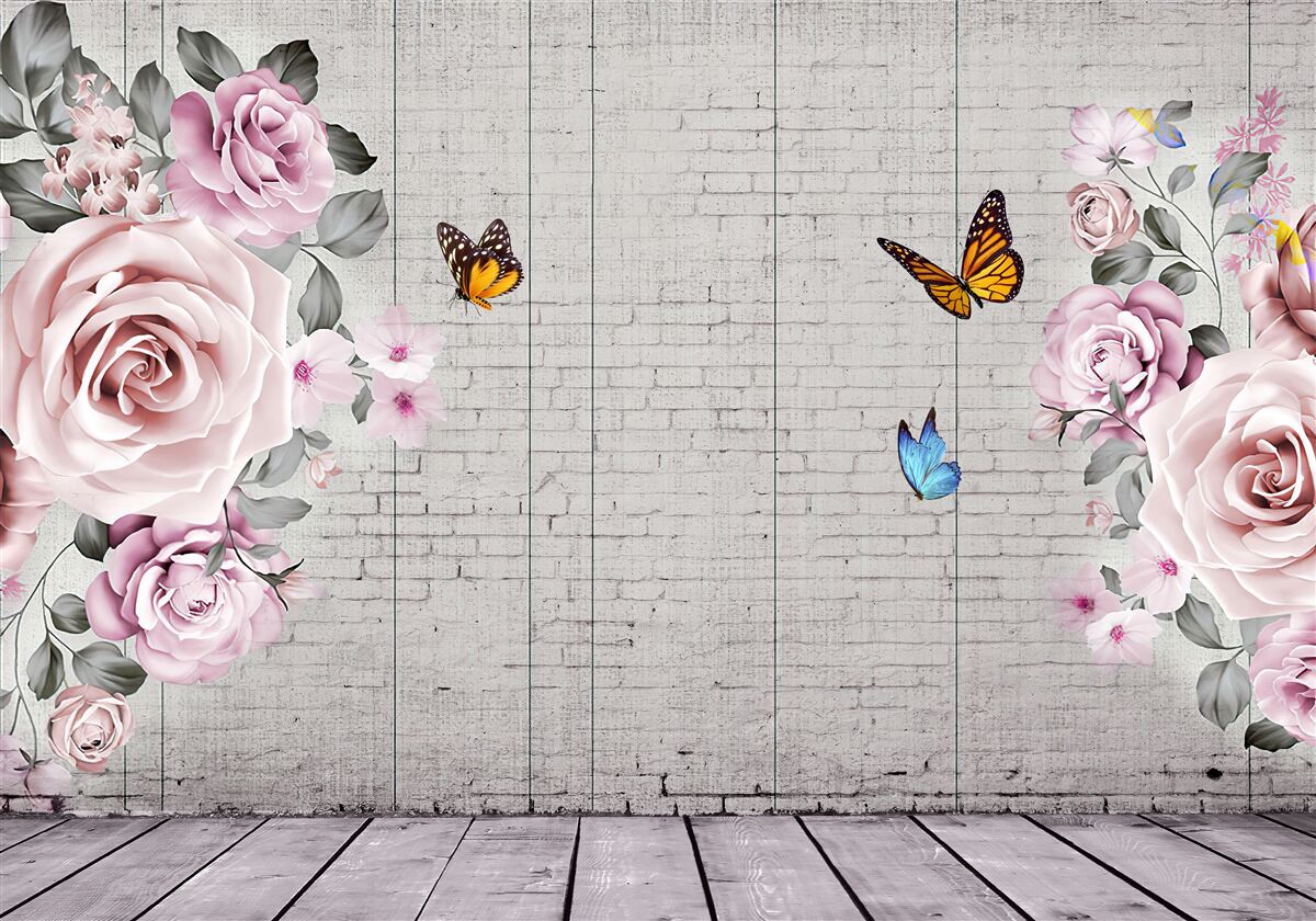 Fotobehang veelkleurige vlinders en delicaat bloeiende rozen