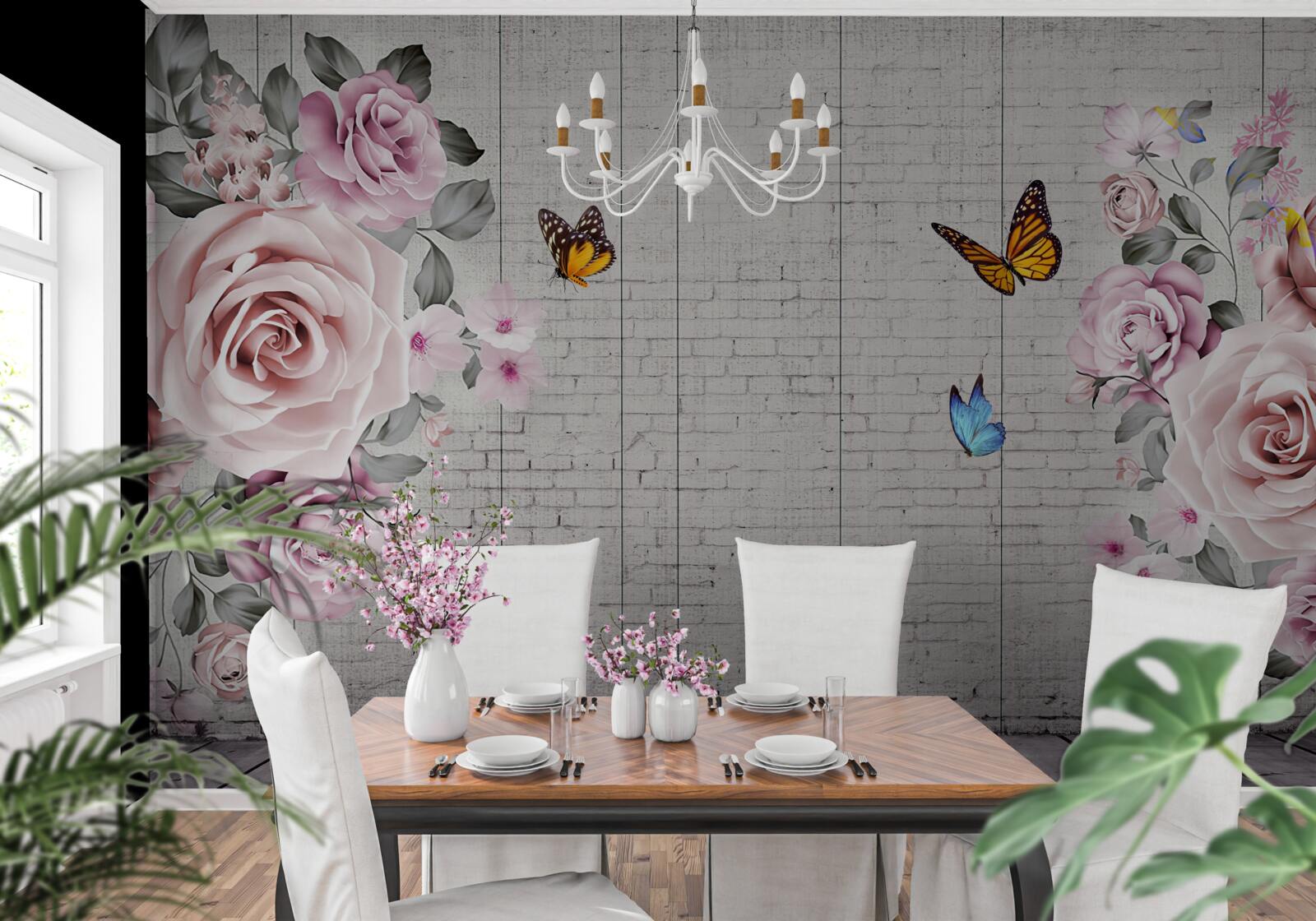 Fotobehang veelkleurige vlinders en delicaat bloeiende rozen