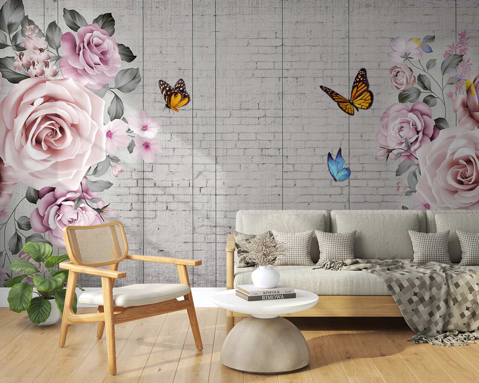 Fotobehang veelkleurige vlinders en delicaat bloeiende rozen