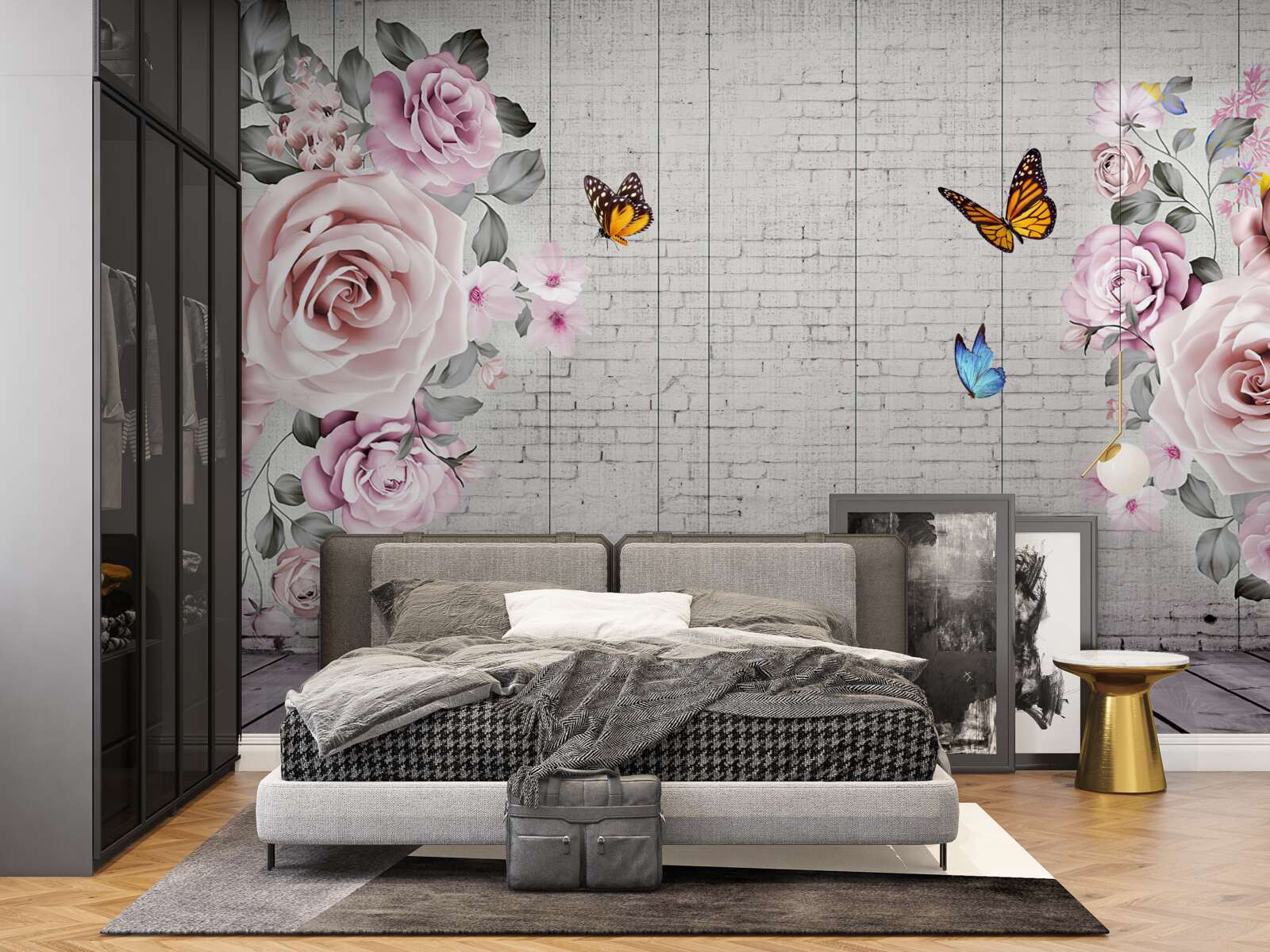 Fotobehang veelkleurige vlinders en delicaat bloeiende rozen