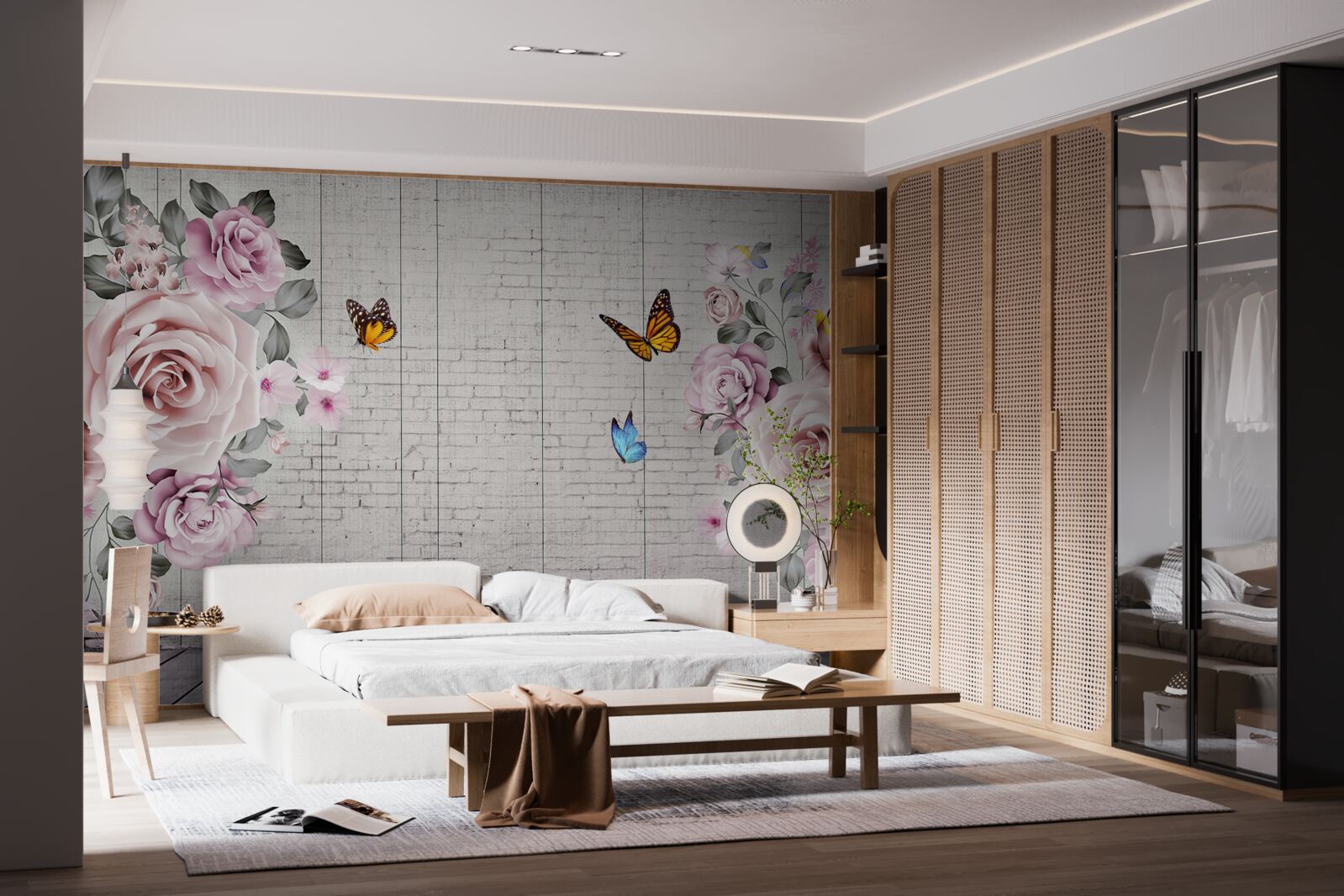 Fotobehang veelkleurige vlinders en delicaat bloeiende rozen