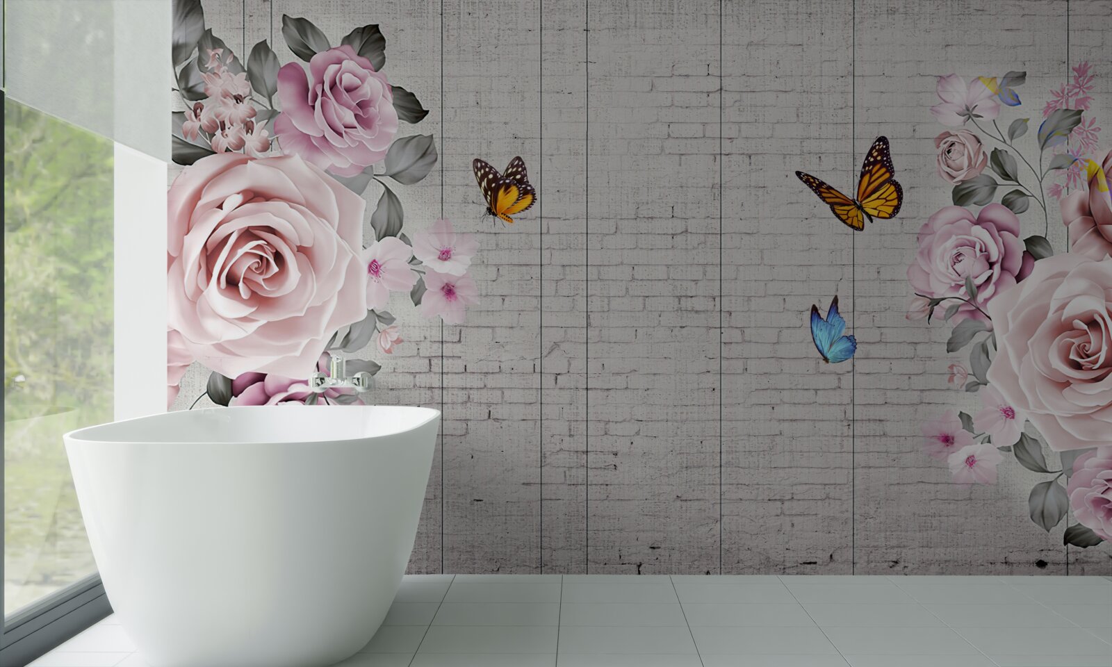 Fotobehang veelkleurige vlinders en delicaat bloeiende rozen