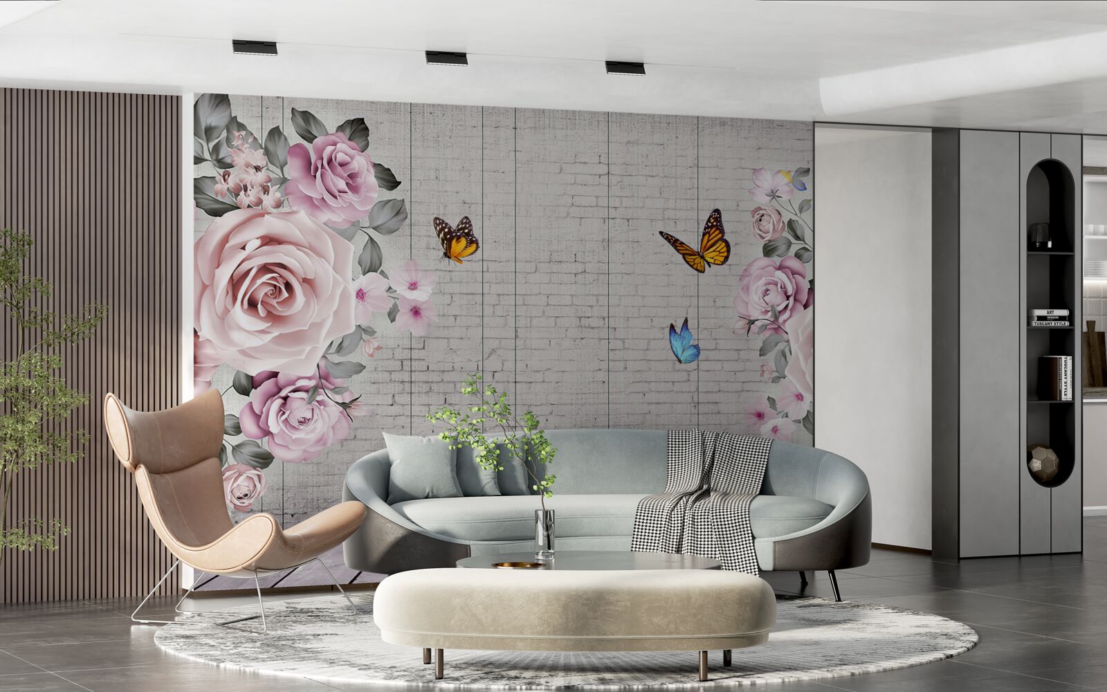 Fotobehang veelkleurige vlinders en delicaat bloeiende rozen