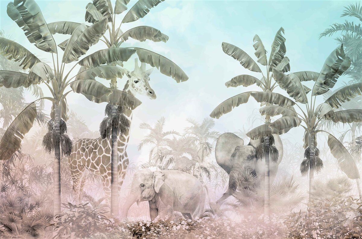 Fotobehang grote palmen met brede bladeren en verschillende dieren