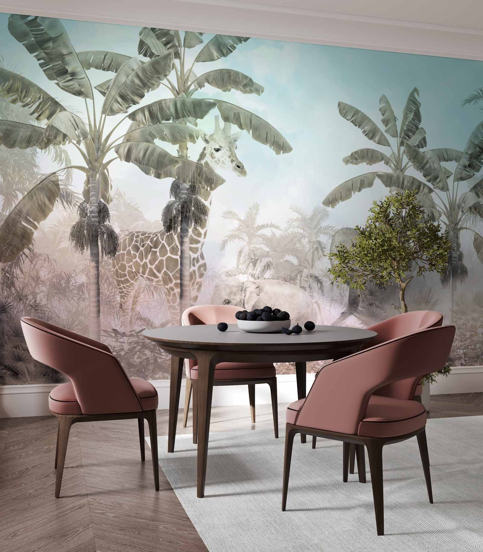 Fotobehang grote palmen met brede bladeren en verschillende dieren