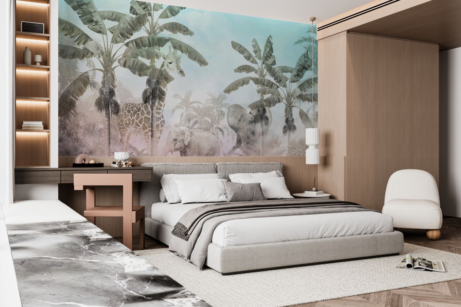 Fotobehang grote palmen met brede bladeren en verschillende dieren