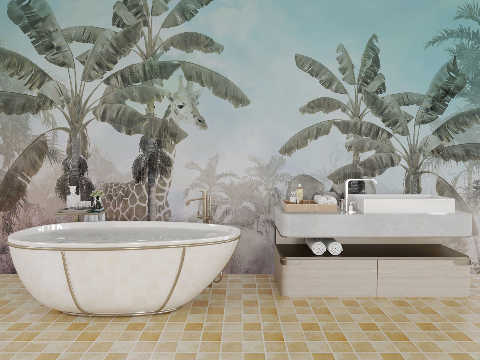 Fotobehang grote palmen met brede bladeren en verschillende dieren