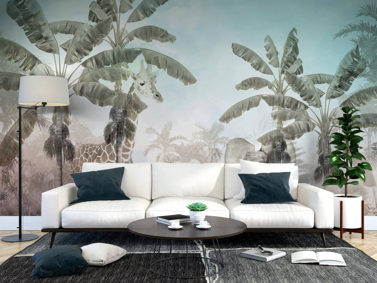 Fotobehang grote palmen met brede bladeren en verschillende dieren