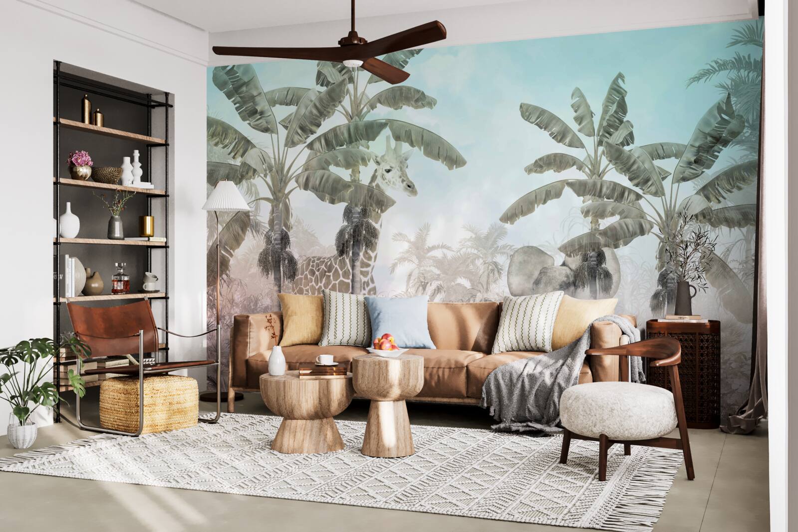 Fotobehang grote palmen met brede bladeren en verschillende dieren