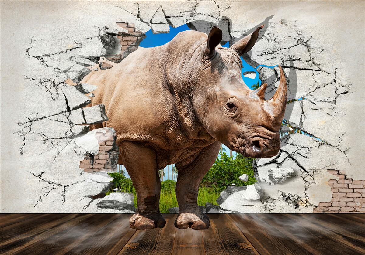 Fotobehang Muur stort in onder de kracht van een neushoorn