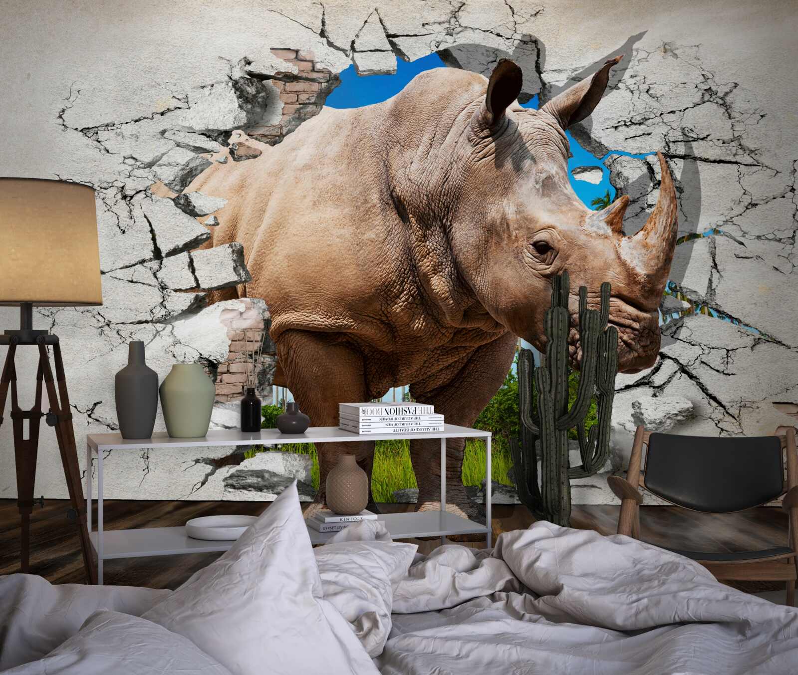Fotobehang Muur stort in onder de kracht van een neushoorn