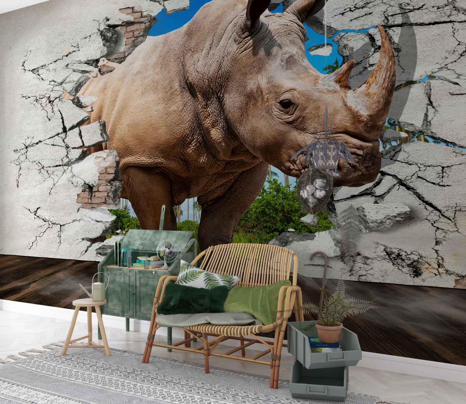 Fotobehang Muur stort in onder de kracht van een neushoorn