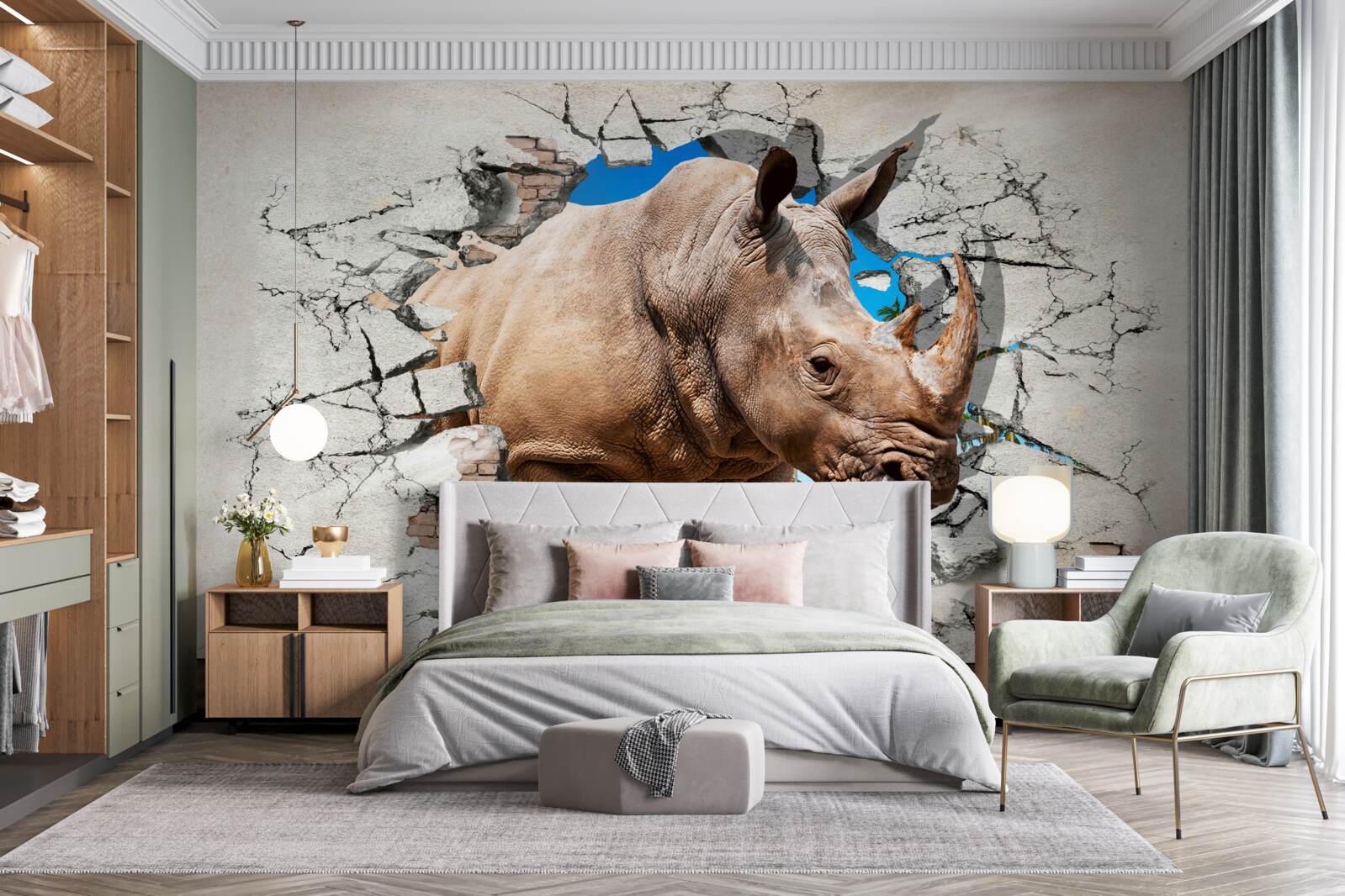 Fotobehang Muur stort in onder de kracht van een neushoorn