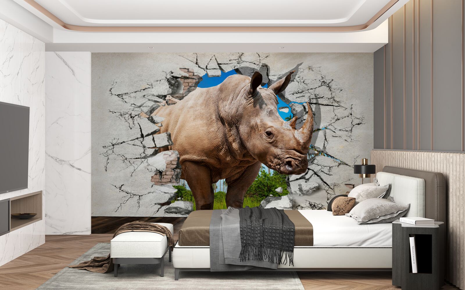 Fotobehang Muur stort in onder de kracht van een neushoorn