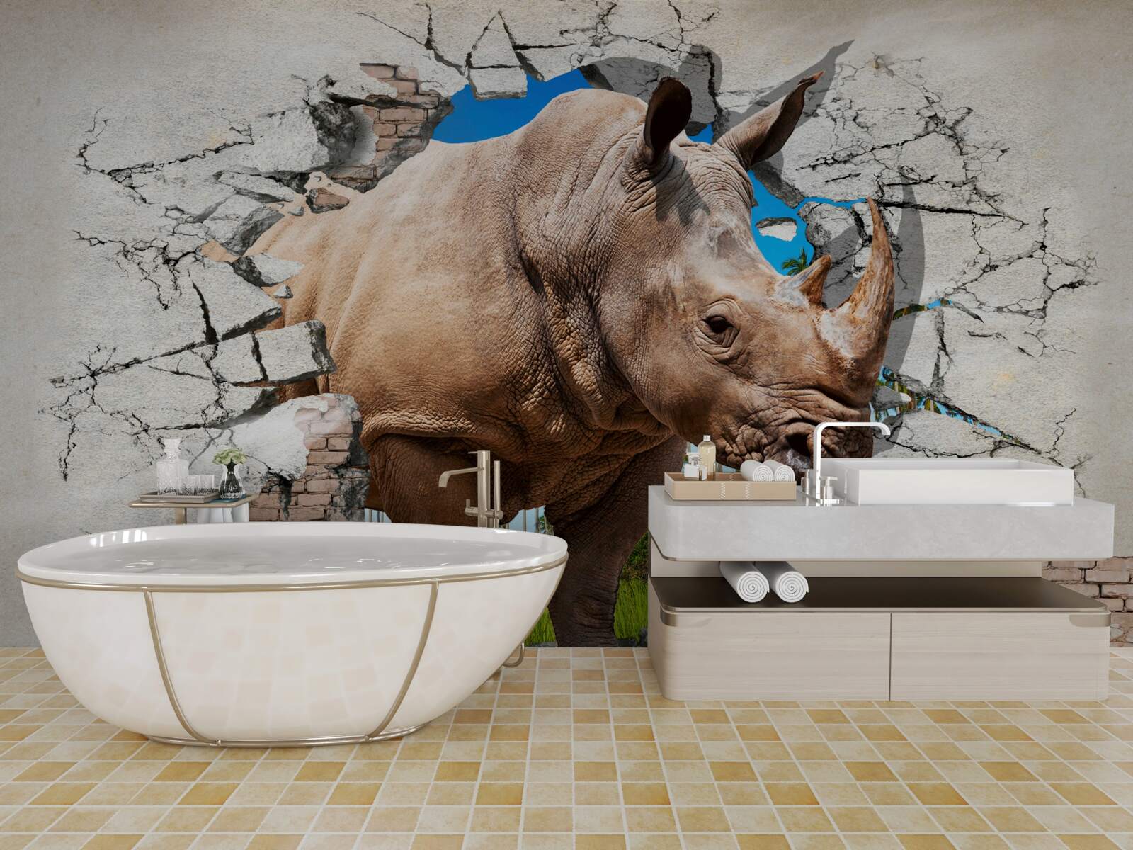 Fotobehang Muur stort in onder de kracht van een neushoorn