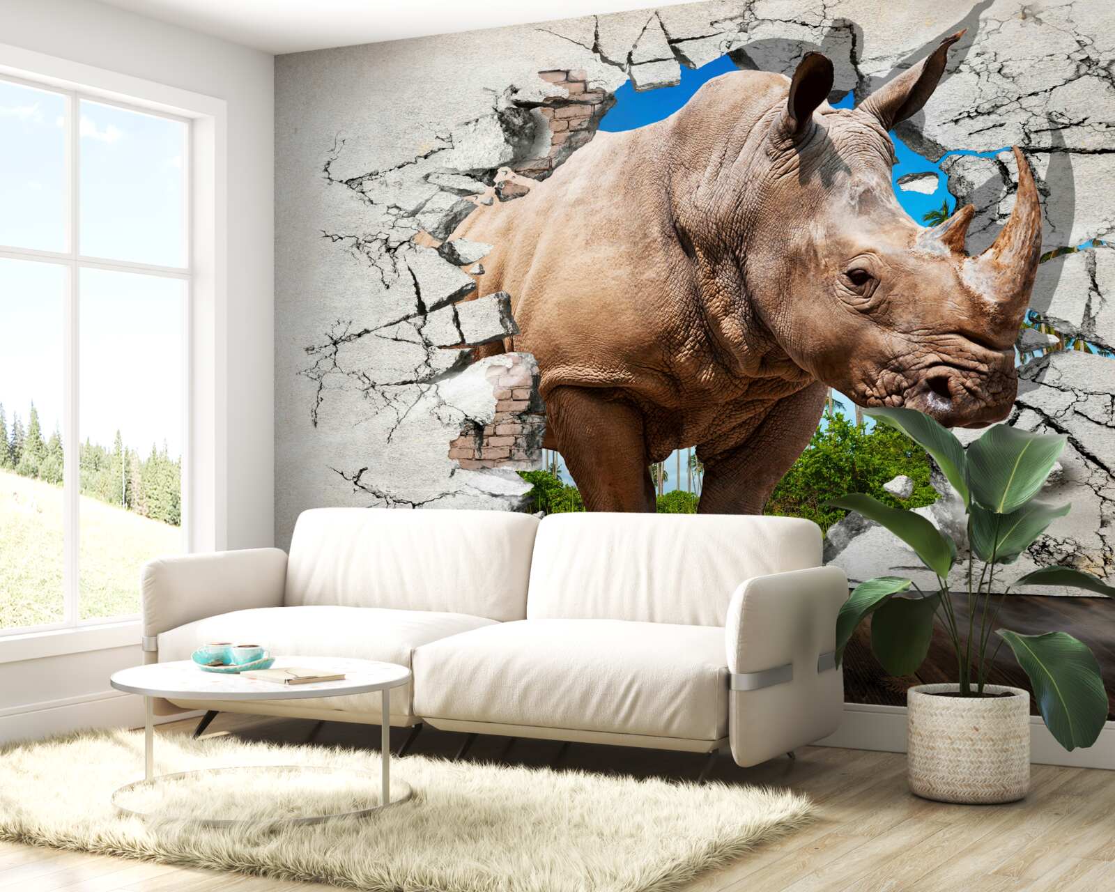 Fotobehang Muur stort in onder de kracht van een neushoorn