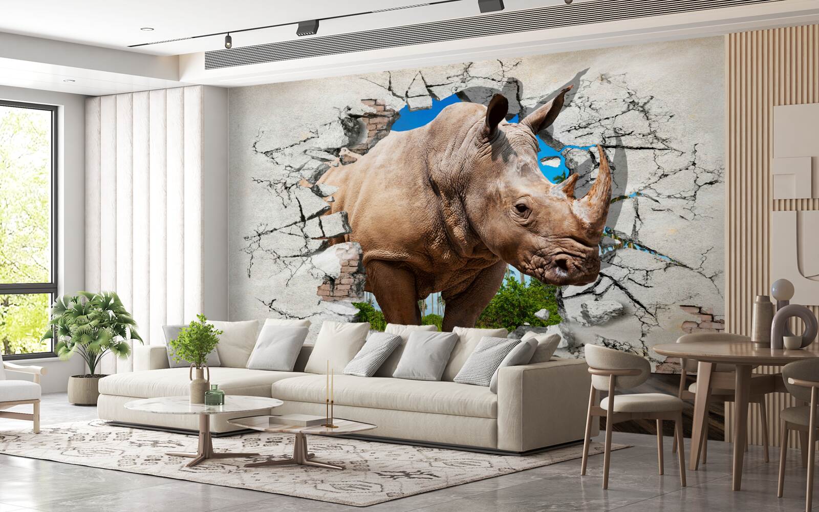 Fotobehang Muur stort in onder de kracht van een neushoorn