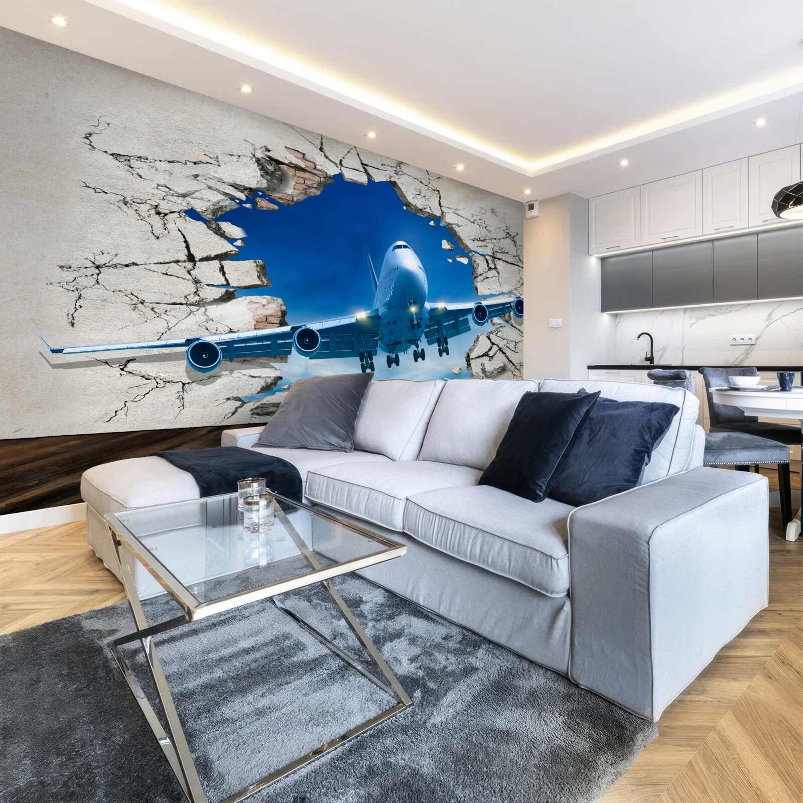 Fotobehang vliegtuig dat een muur doorboort