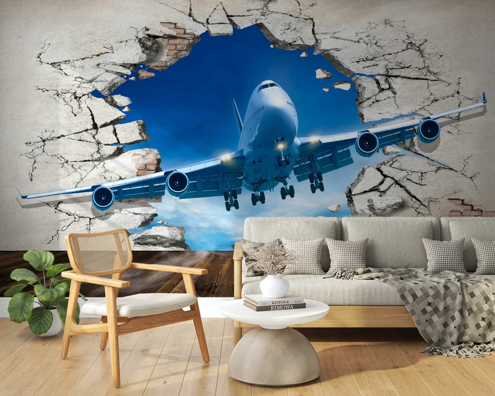 Fotobehang vliegtuig dat een muur doorboort