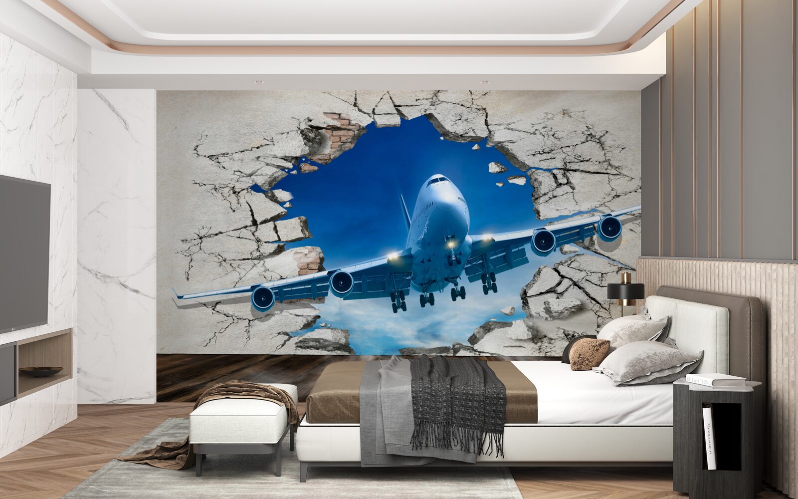 Fotobehang vliegtuig dat een muur doorboort