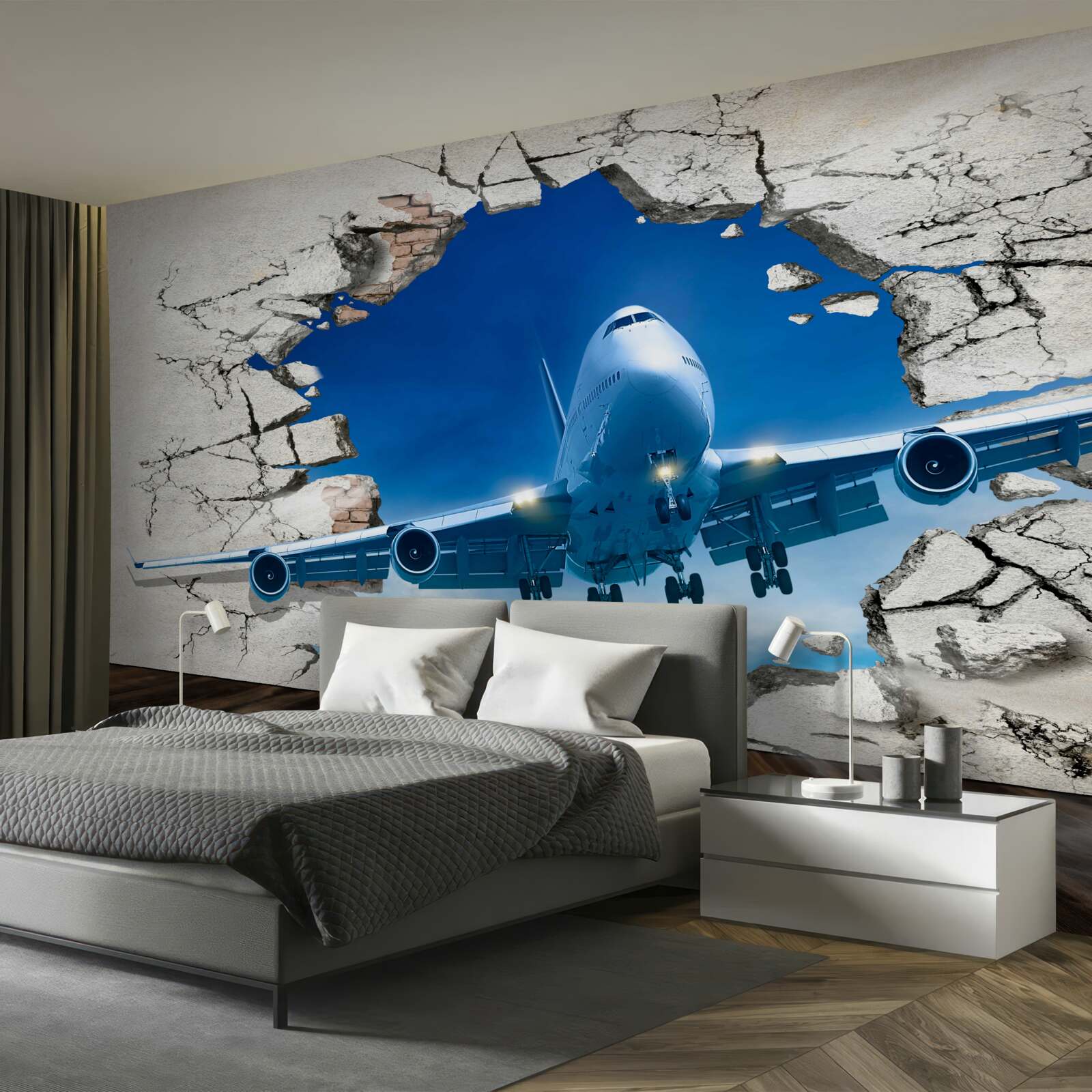 Fotobehang vliegtuig dat een muur doorboort