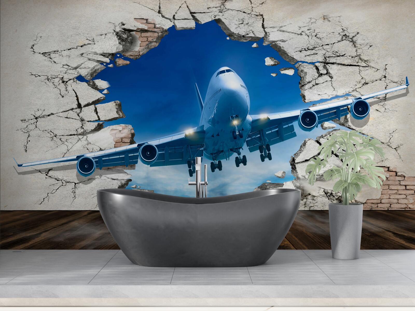 Fotobehang vliegtuig dat een muur doorboort