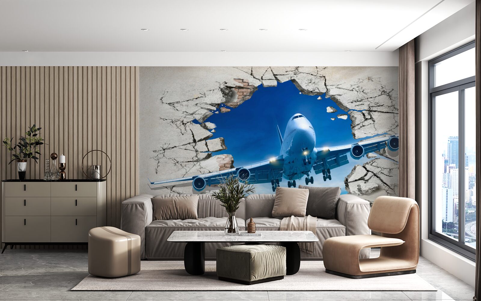Fotobehang vliegtuig dat een muur doorboort