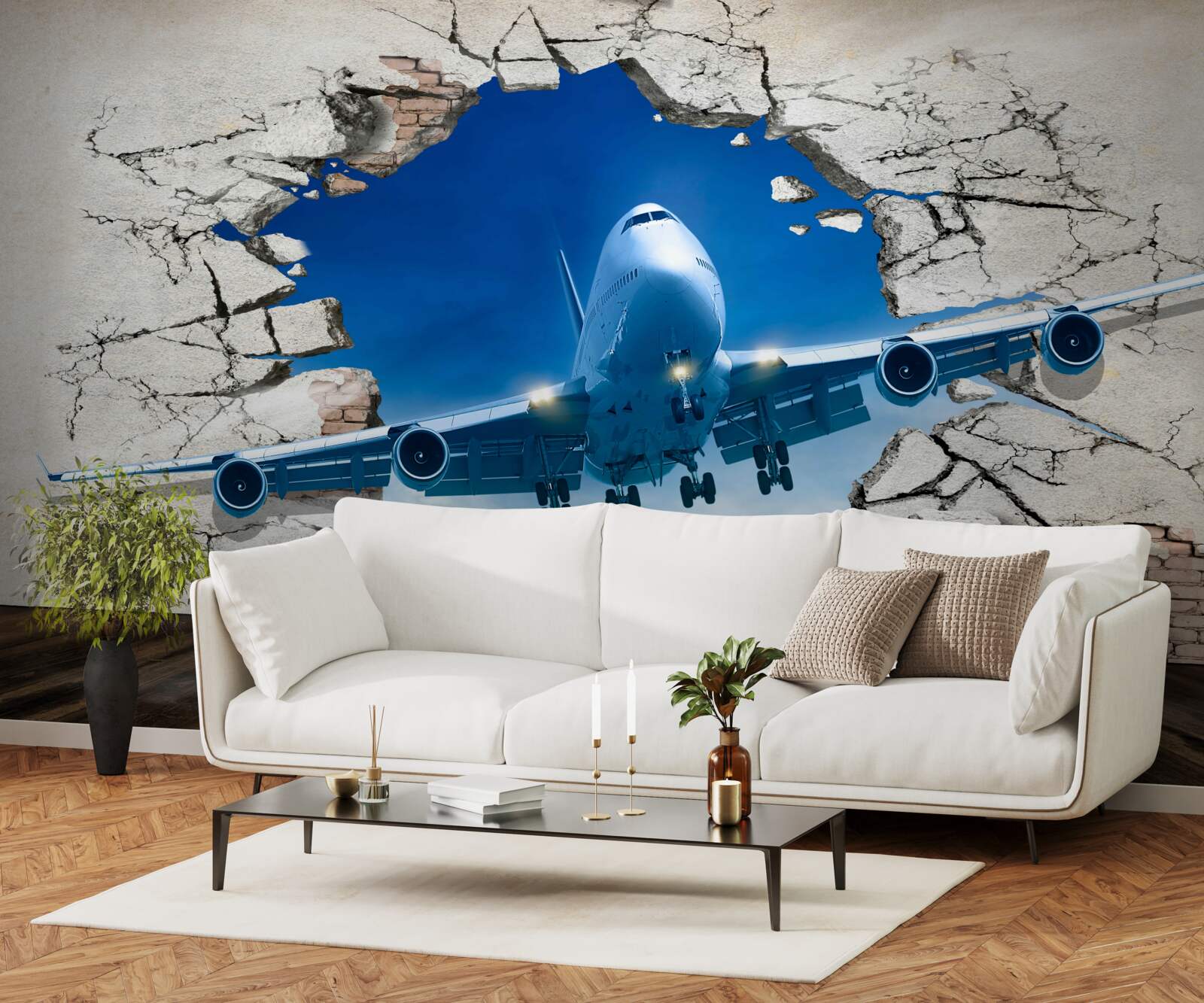 Fotobehang vliegtuig dat een muur doorboort
