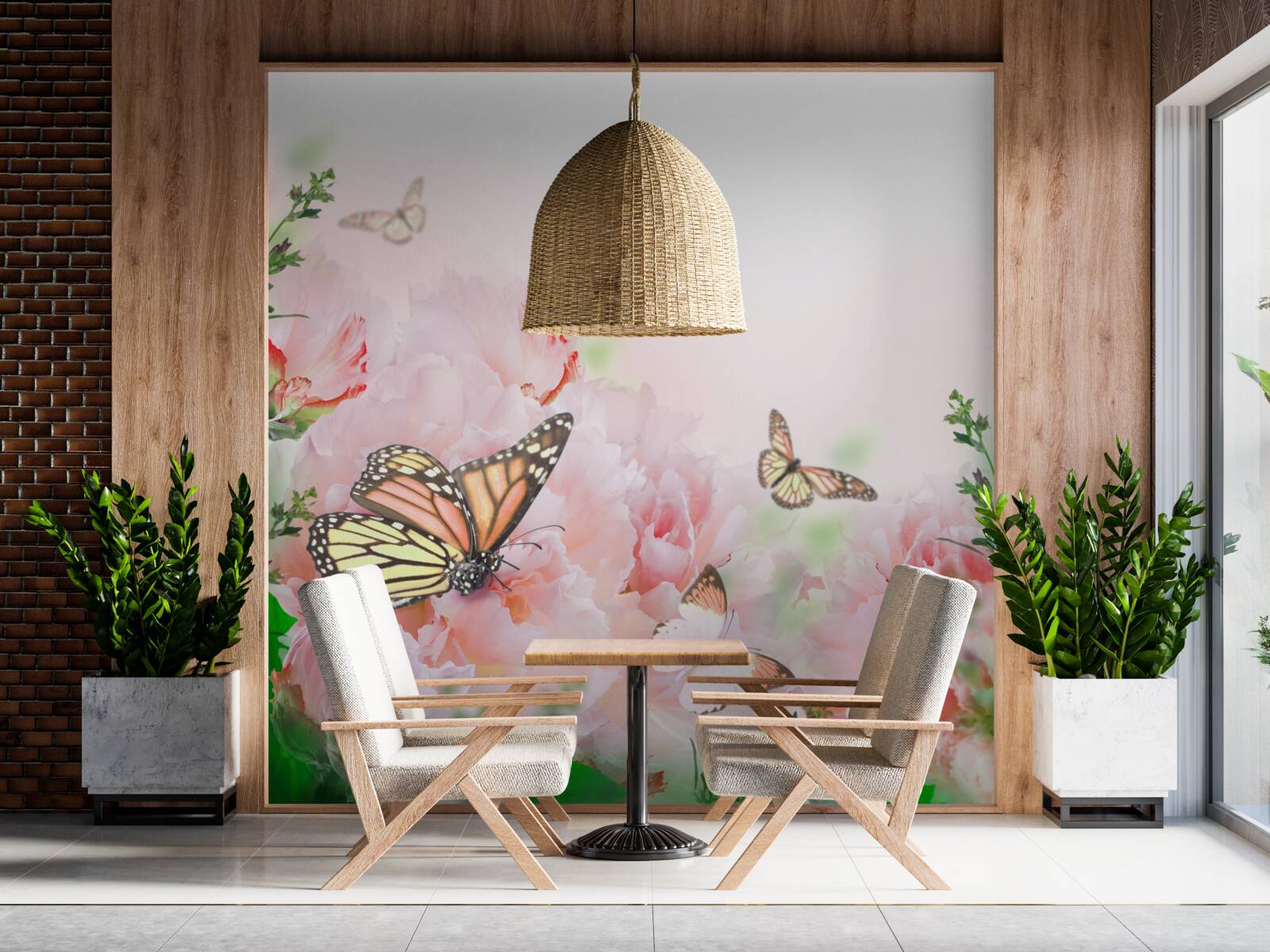 Fotobehang groep vlinders tegen een achtergrond van zomerbloemen