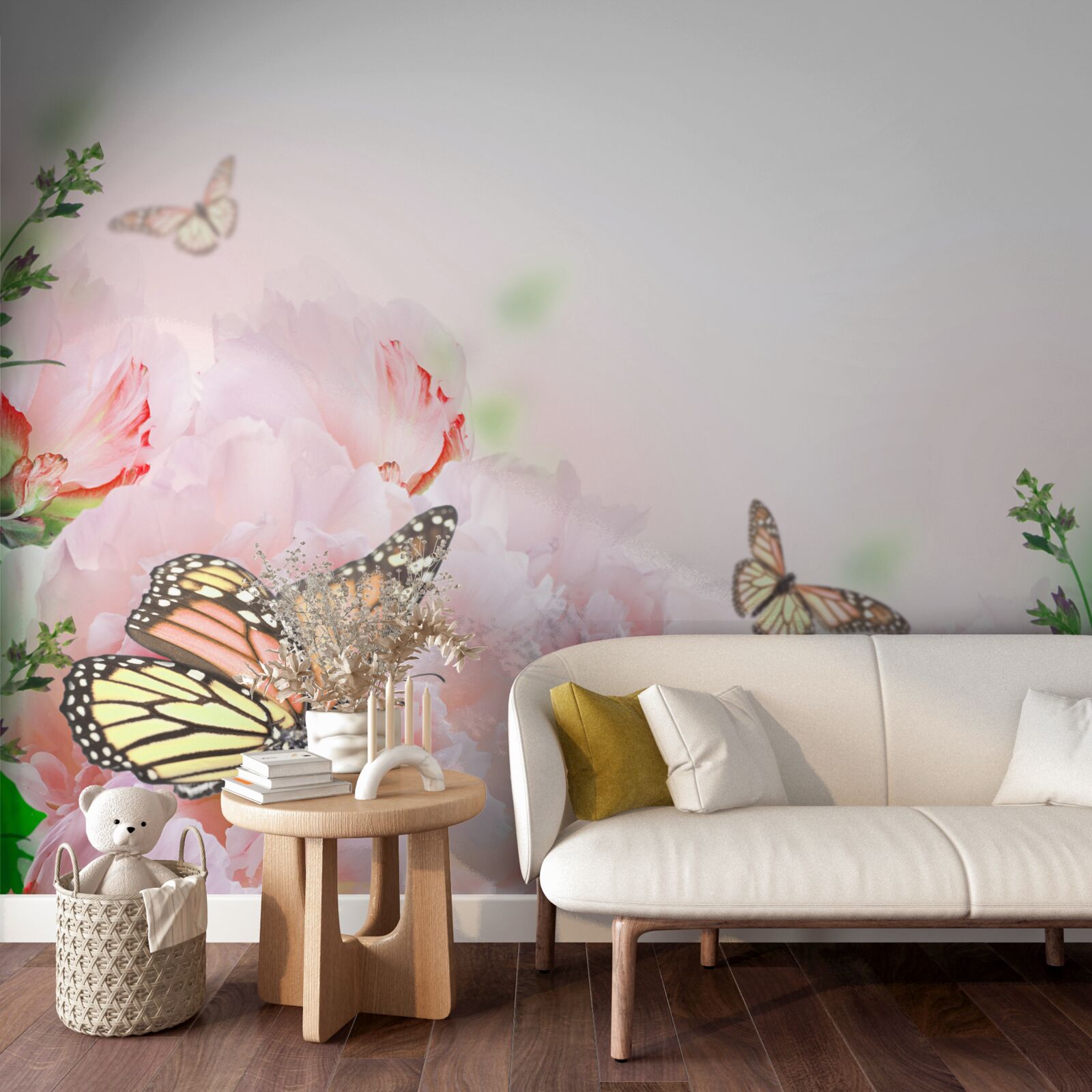 Fotobehang groep vlinders tegen een achtergrond van zomerbloemen