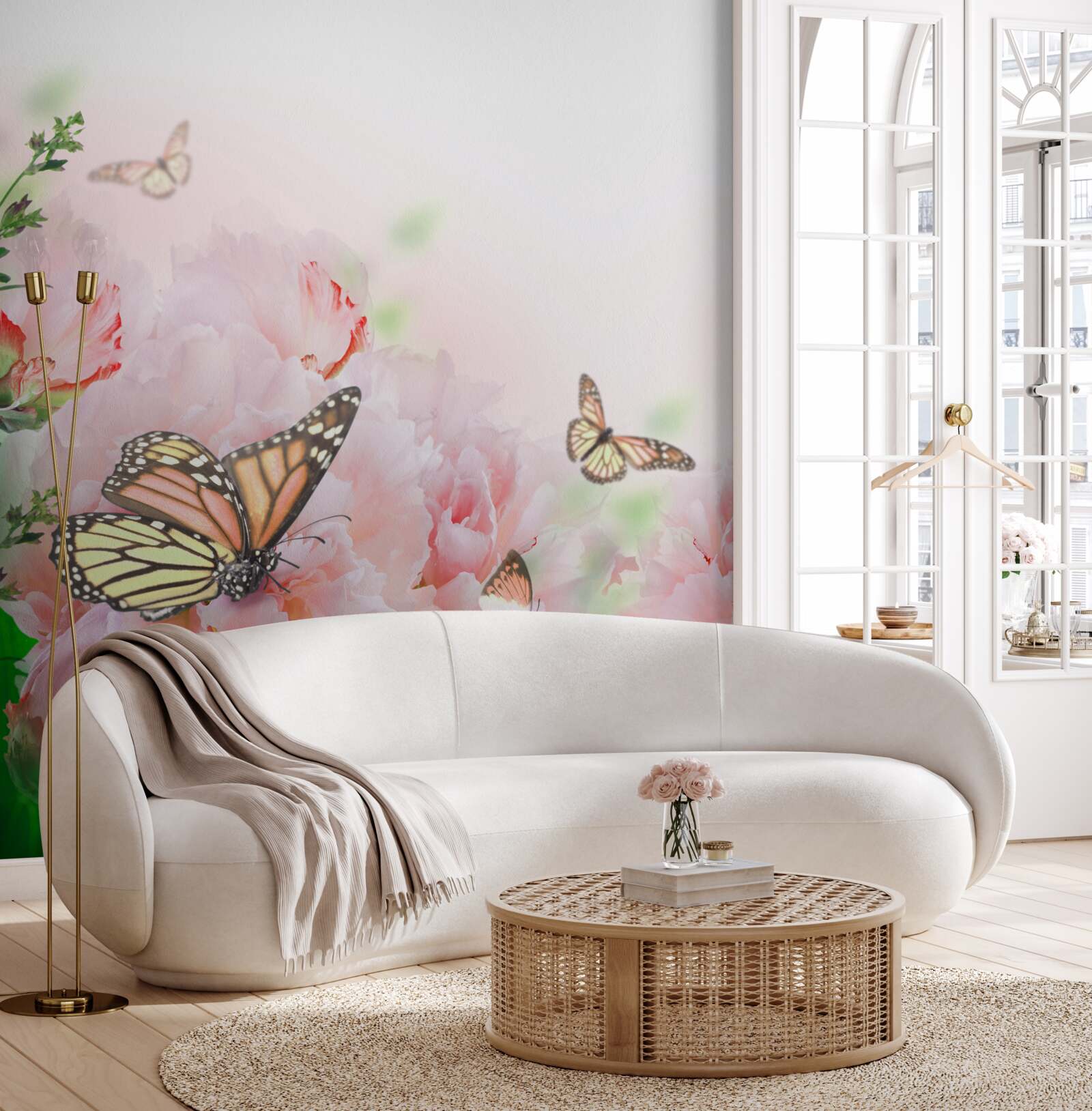 Fotobehang groep vlinders tegen een achtergrond van zomerbloemen