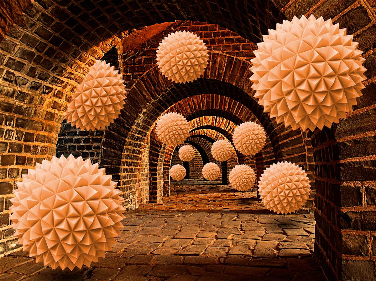 Fotobehang scherpe bronzen ballen en stenen bogen