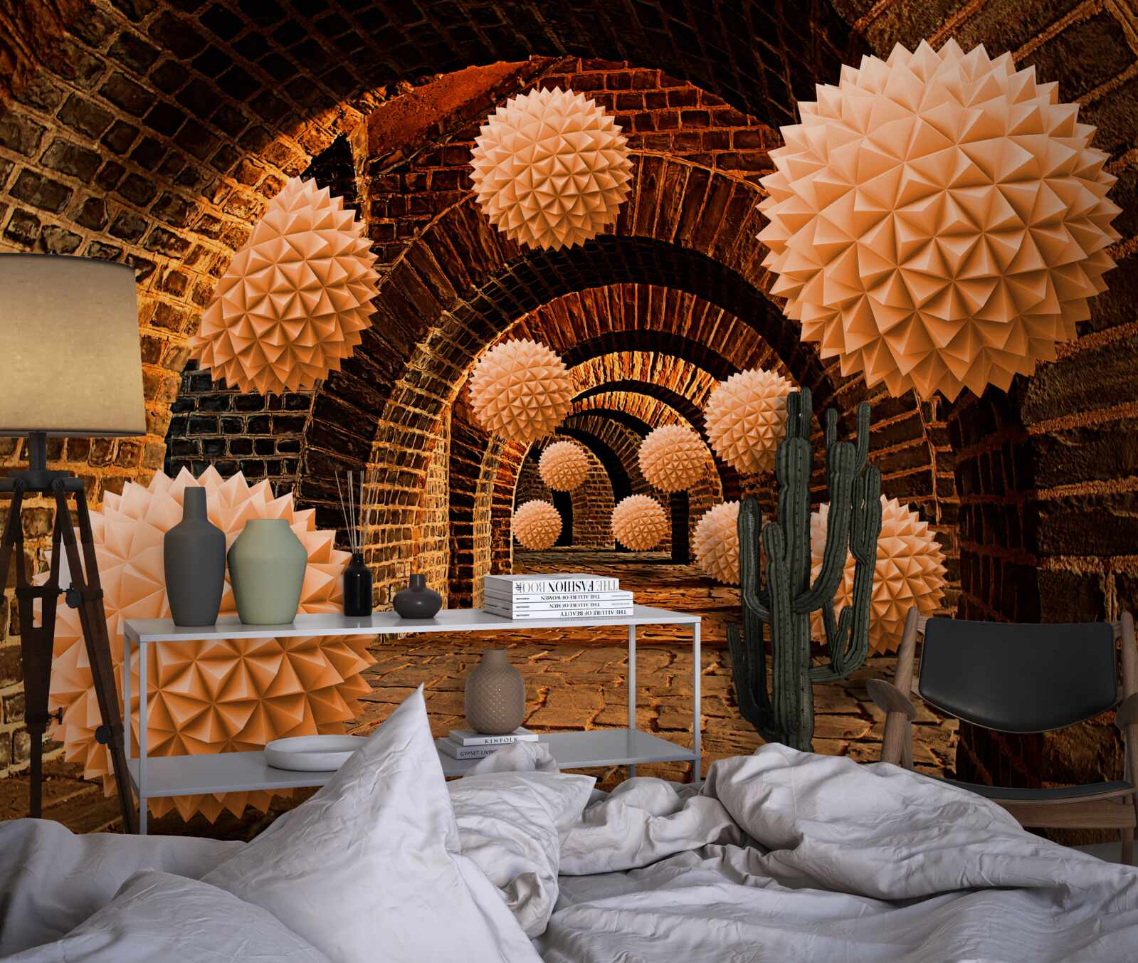 Fotobehang scherpe bronzen ballen en stenen bogen