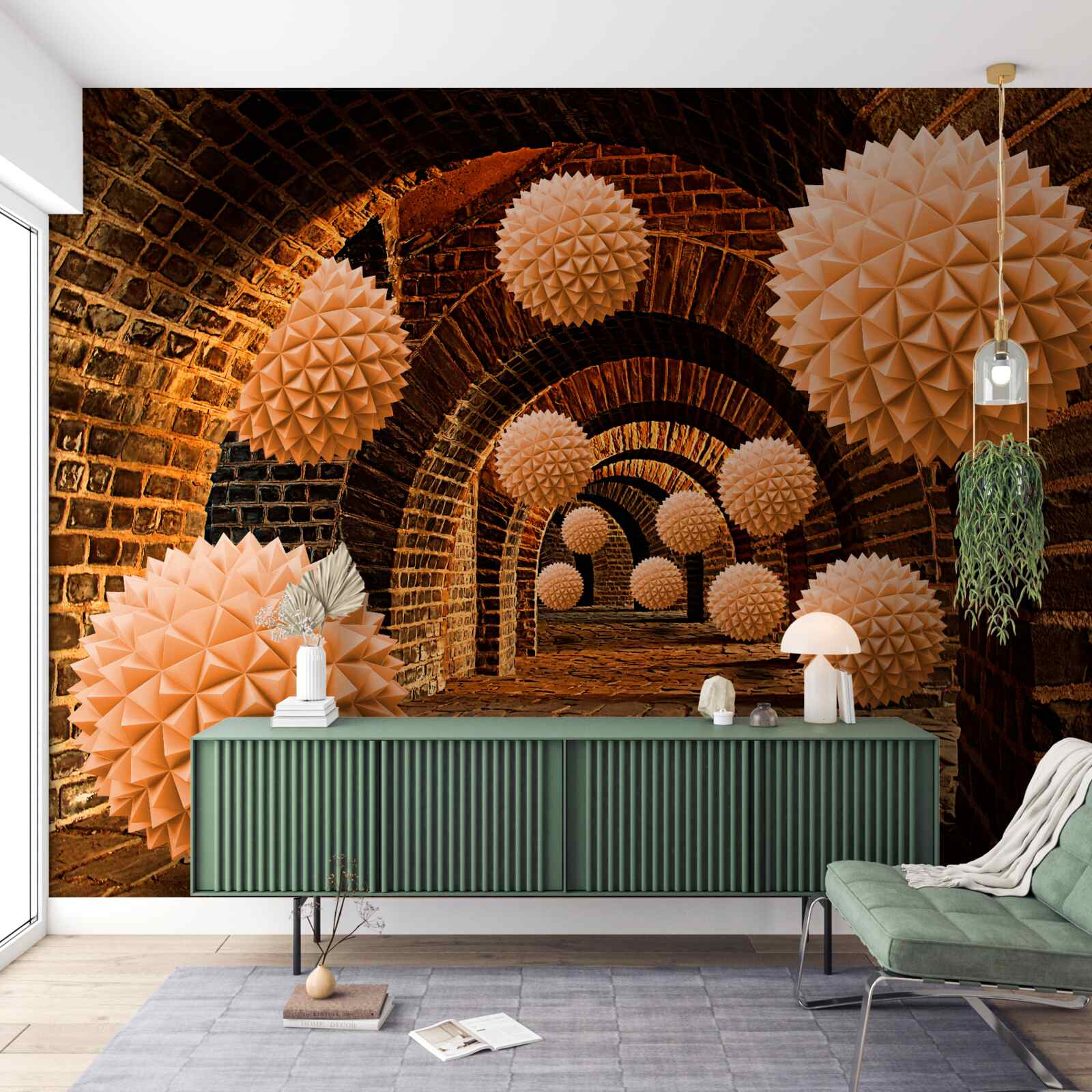 Fotobehang scherpe bronzen ballen en stenen bogen