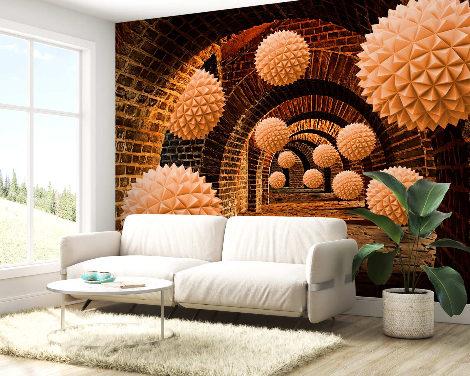 Fotobehang scherpe bronzen ballen en stenen bogen