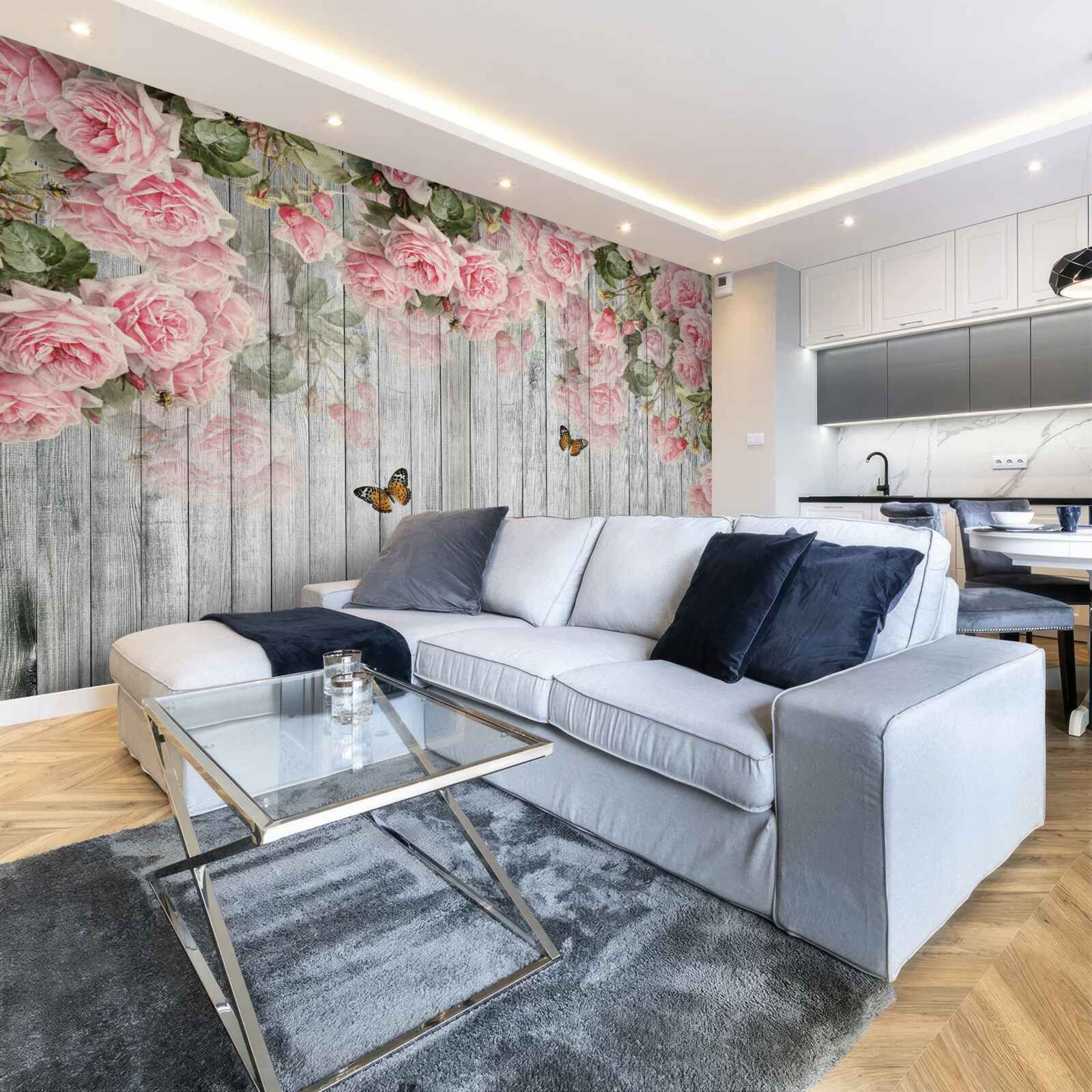 Fotobehang hangende weelderige roze rozen