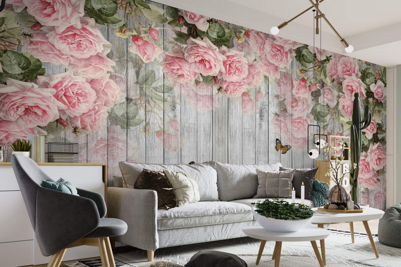 Fotobehang hangende weelderige roze rozen