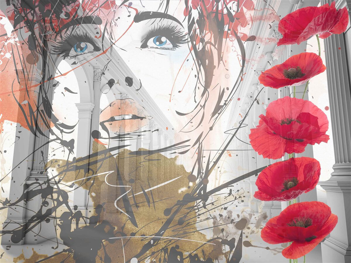 Fotobehang meisje poseert tegen een boog versierd met klaproosbloemen