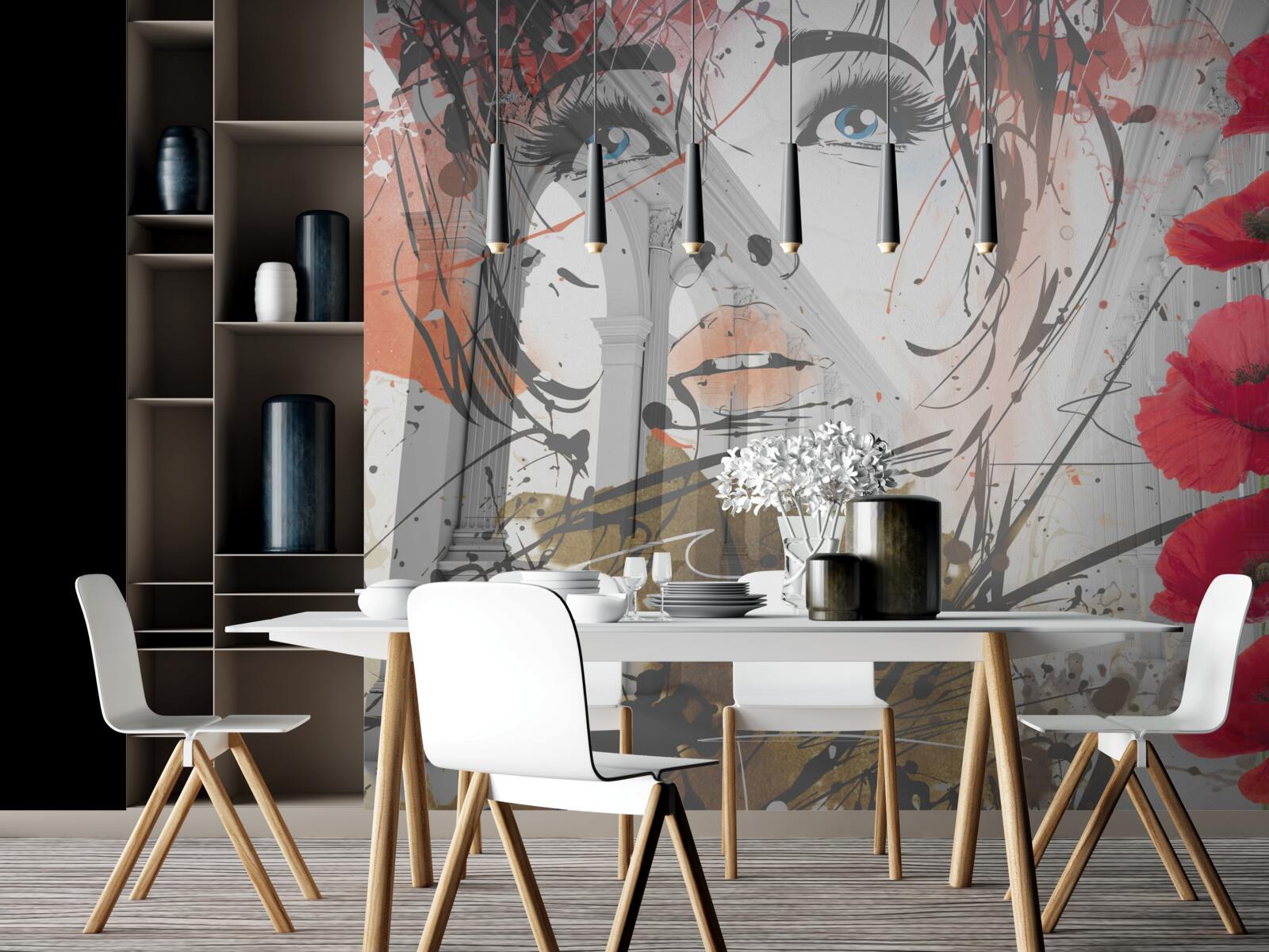 Fotobehang meisje poseert tegen een boog versierd met klaproosbloemen