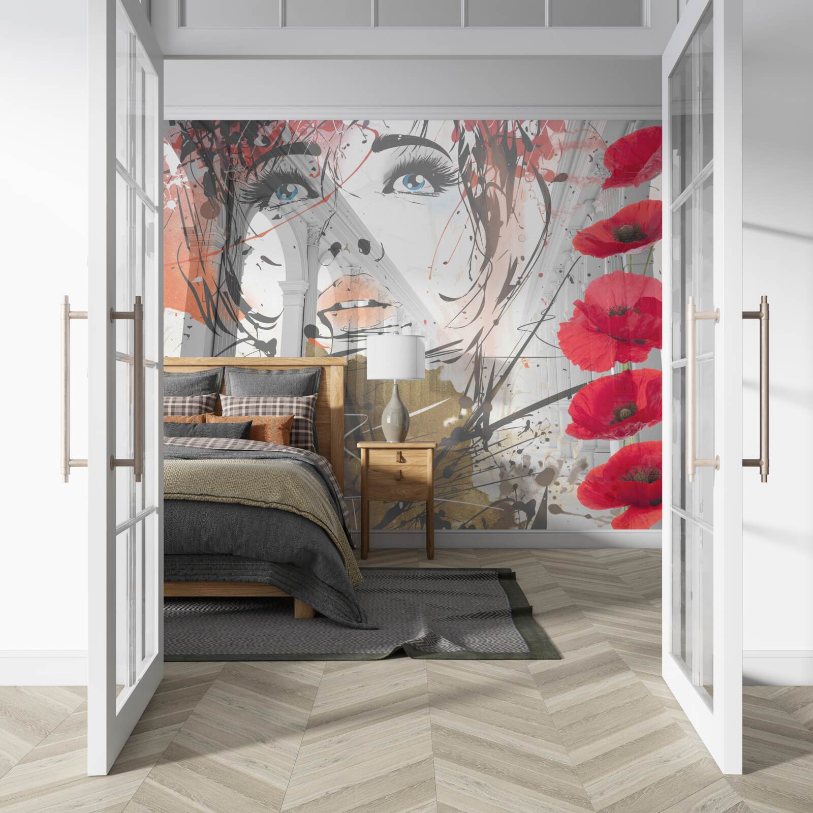 Fotobehang meisje poseert tegen een boog versierd met klaproosbloemen