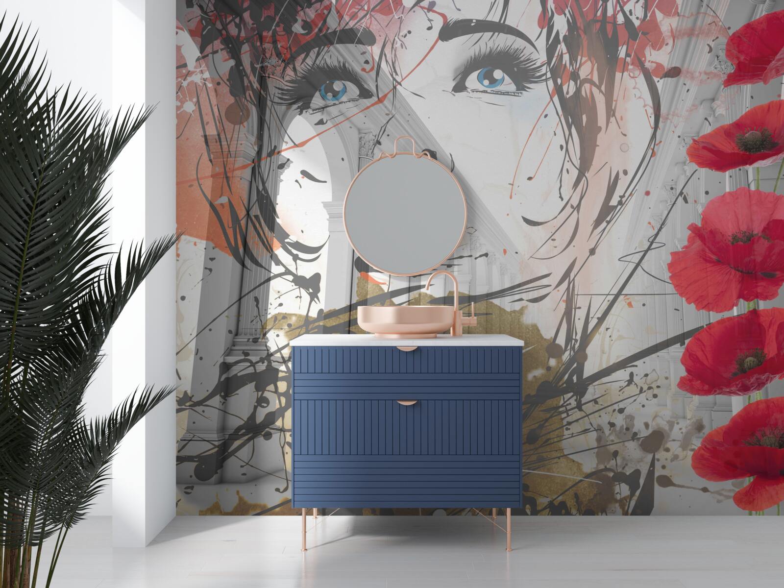 Fotobehang meisje poseert tegen een boog versierd met klaproosbloemen