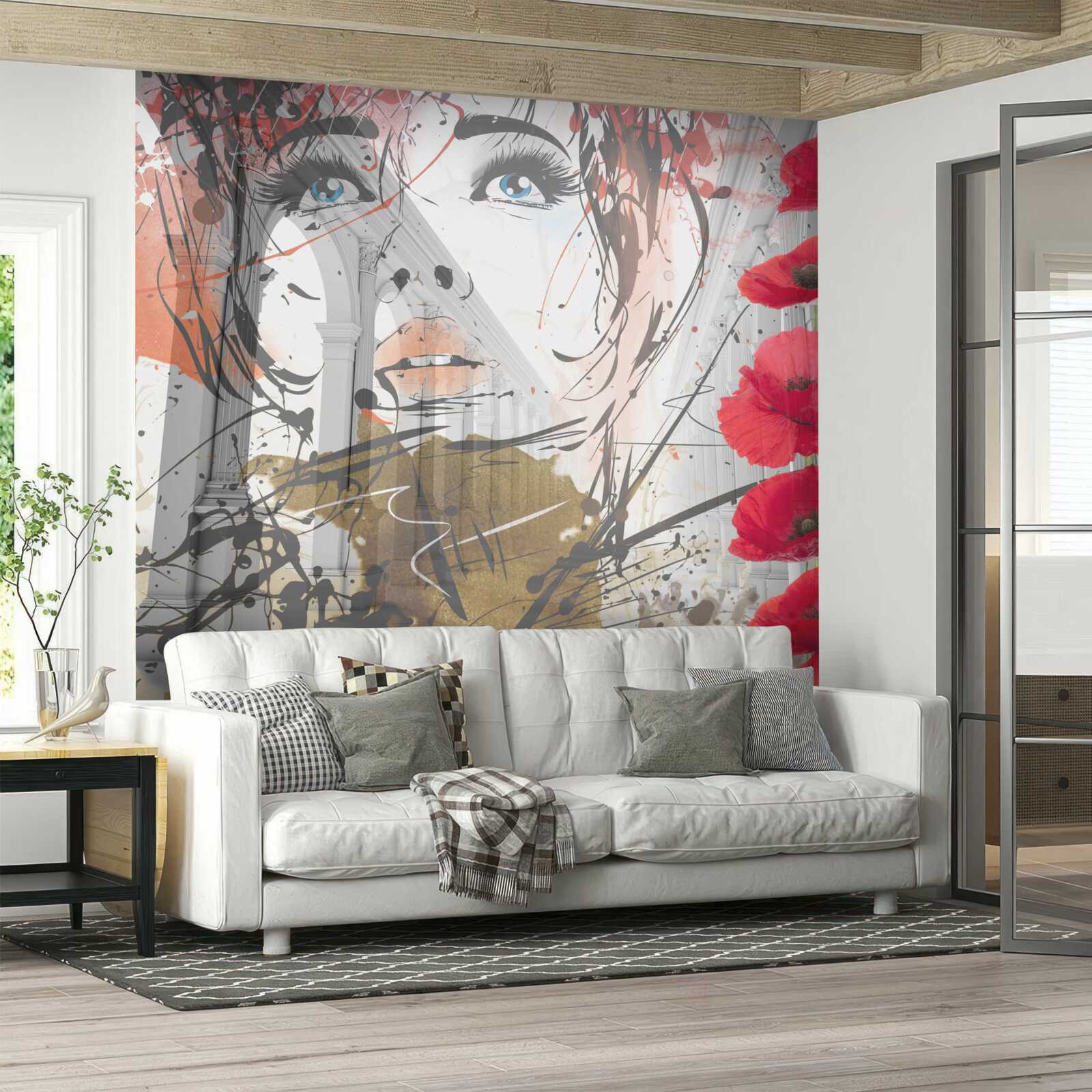 Fotobehang meisje poseert tegen een boog versierd met klaproosbloemen