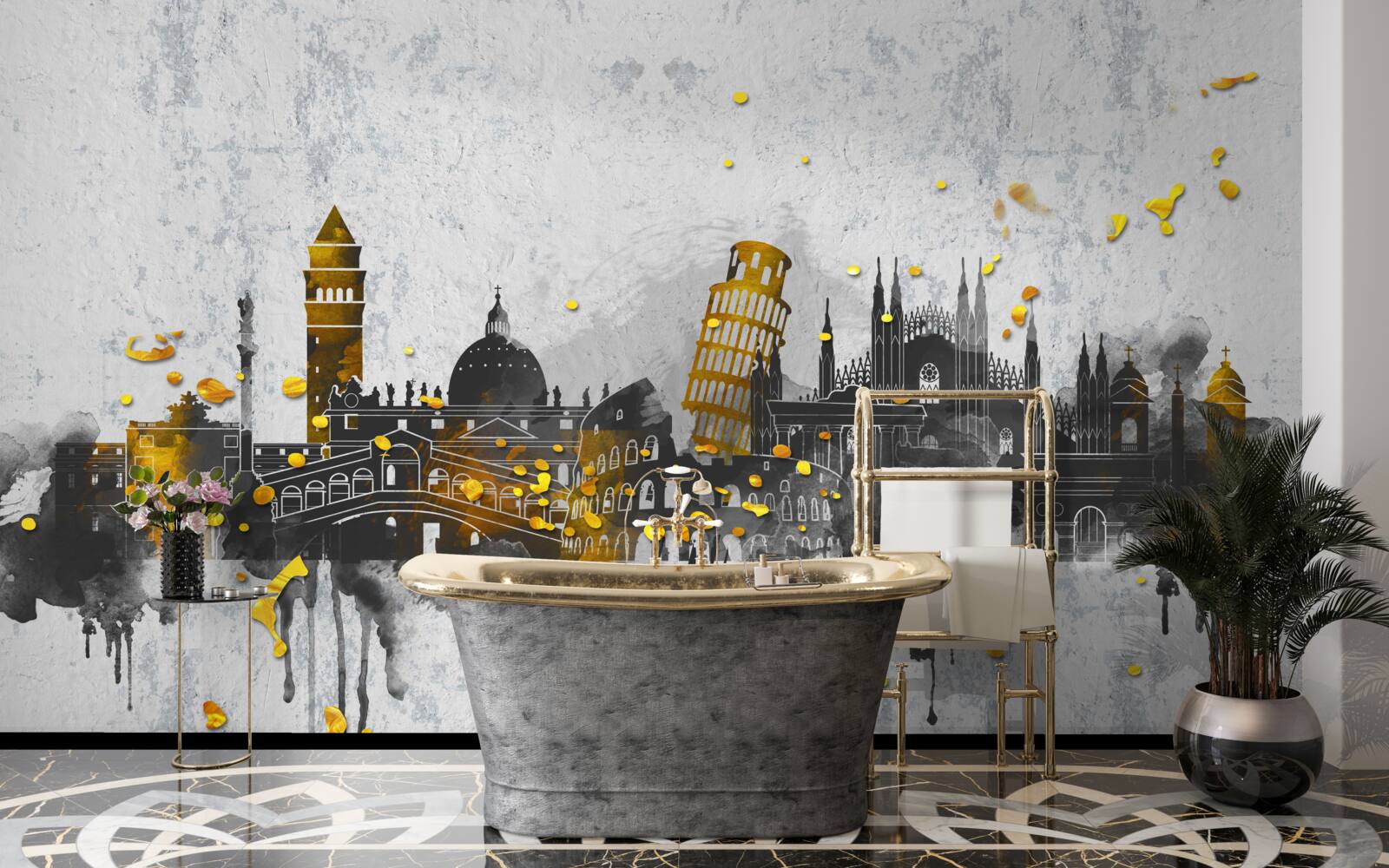 Fotobehang silhouetten van Romeinse monumenten, omgeven door duisternis