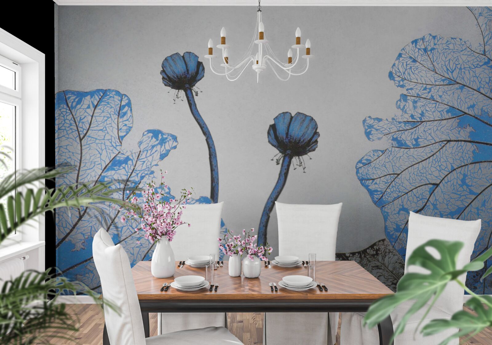 Fotobehang mistige klaprozen met blauwe knoppen